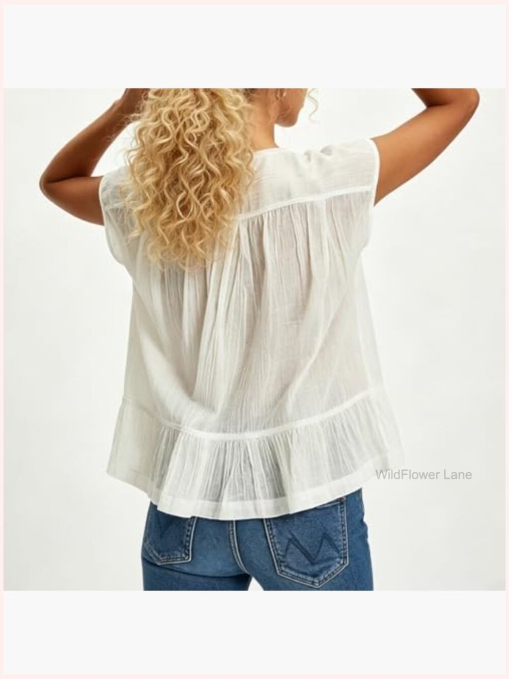 Semi Sheer Button Down Blouse Square Neck Lace Ruffle Trim Cap Sleeve Crop Top - Picture 6 of 6